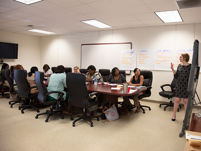 Staff engage in a data coaching session in the IPC office in 2015